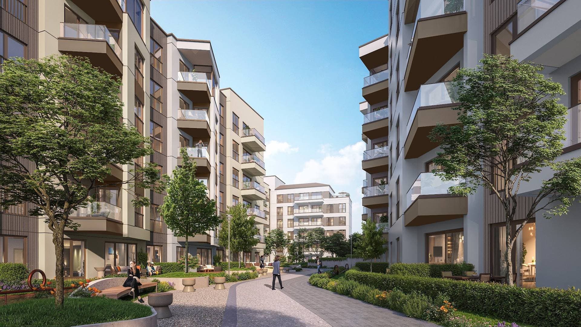 Tree-lined courtyard path with planting and benches between residential blocks with balconies