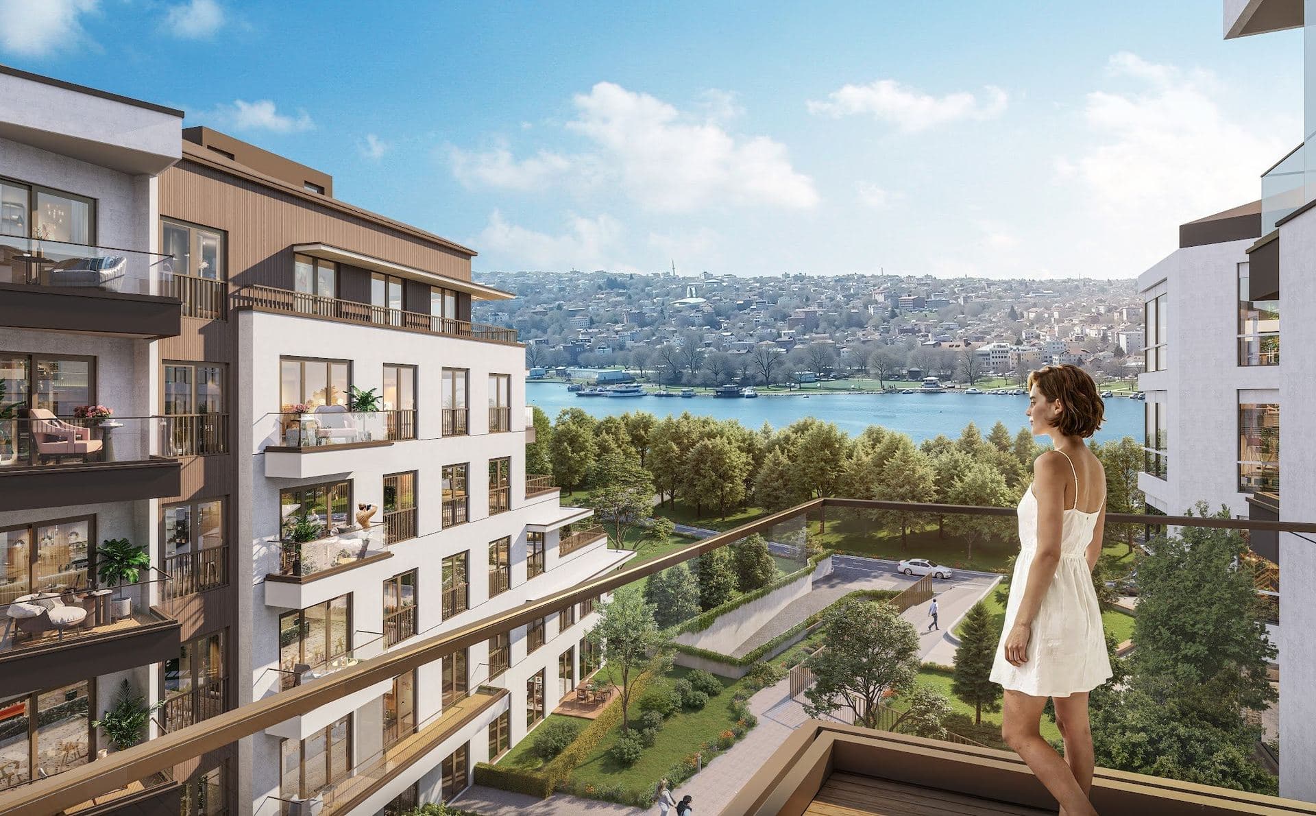 Balcony view over the landscaped grounds and a park towards the Golden Horn