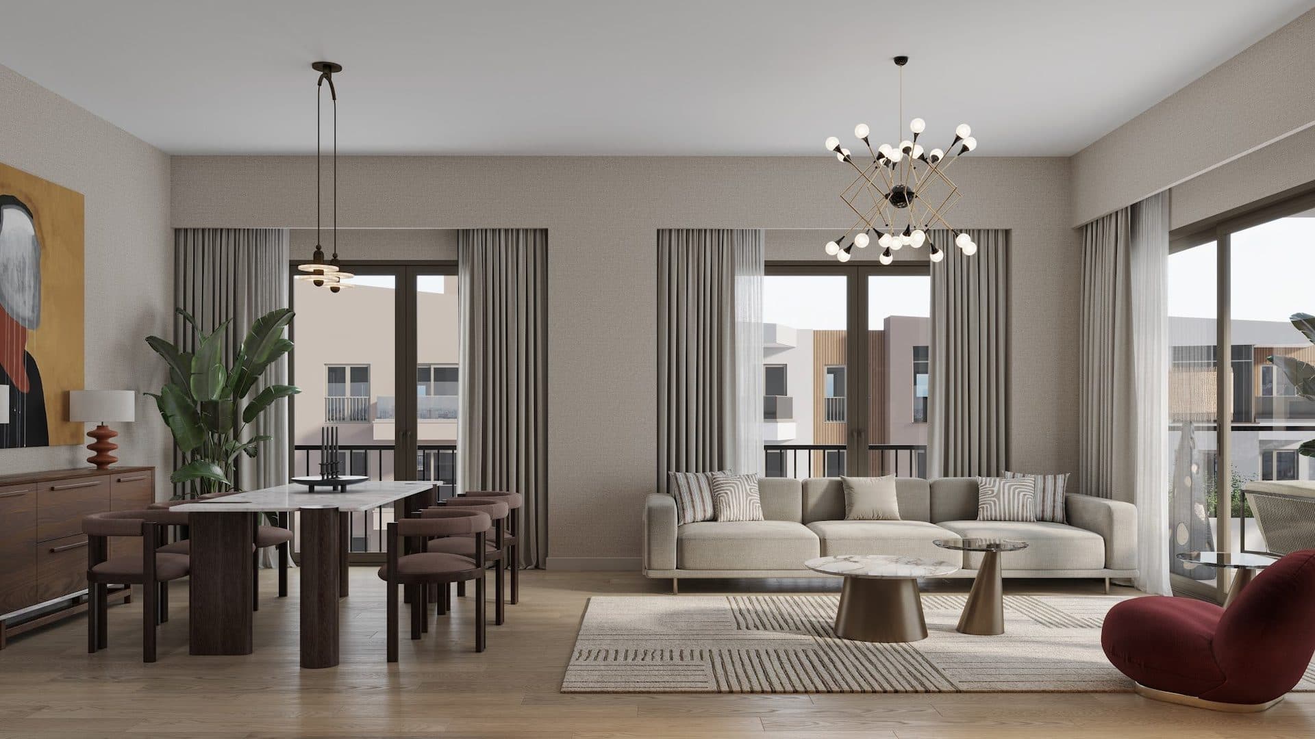 Living and dining room with a sofa, dining table and full-height windows