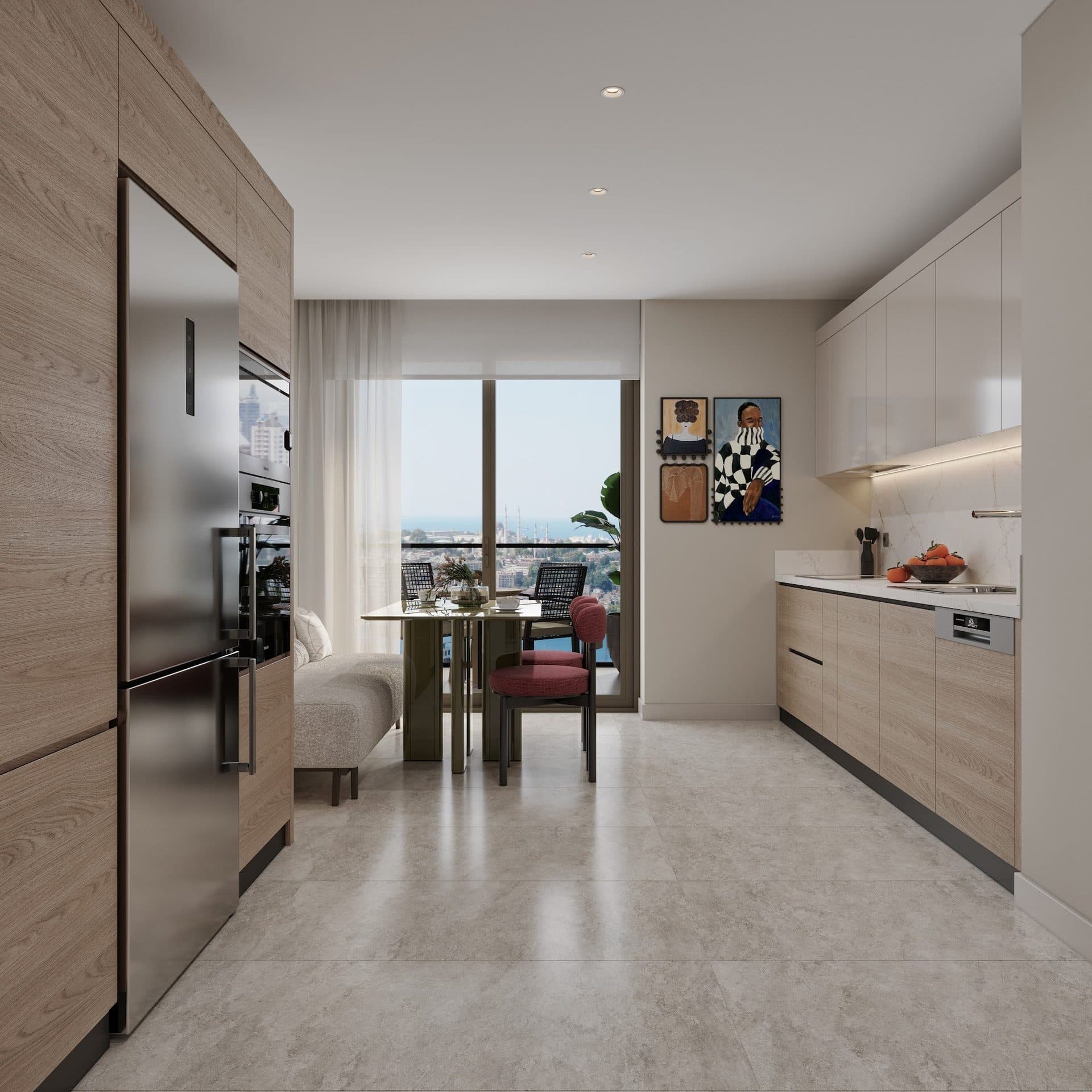 Kitchen with wood-finish cabinets, built-in appliances and a dining corner by the window