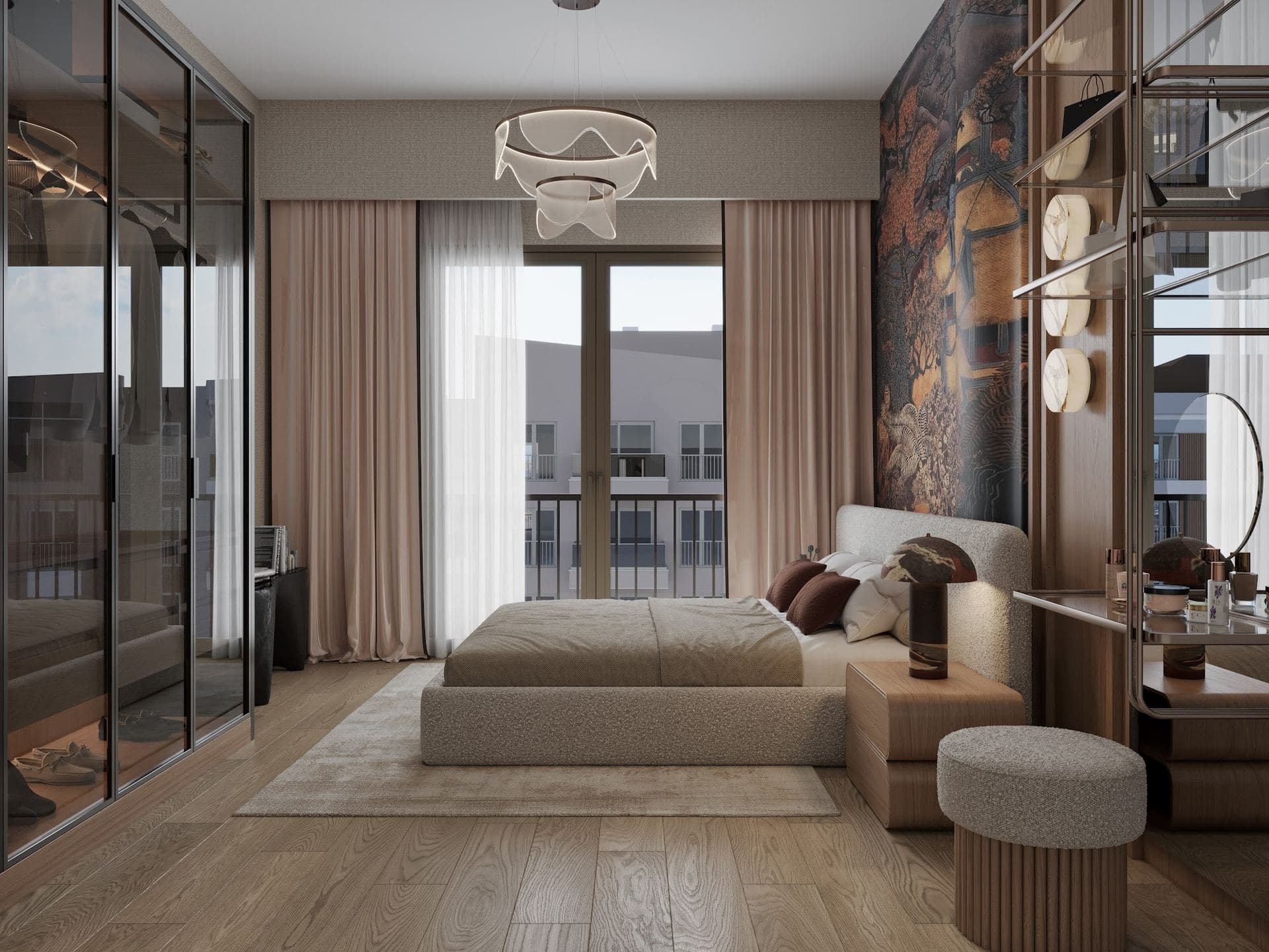 Master bedroom with a glass-fronted wardrobe, dressing table and window with curtains