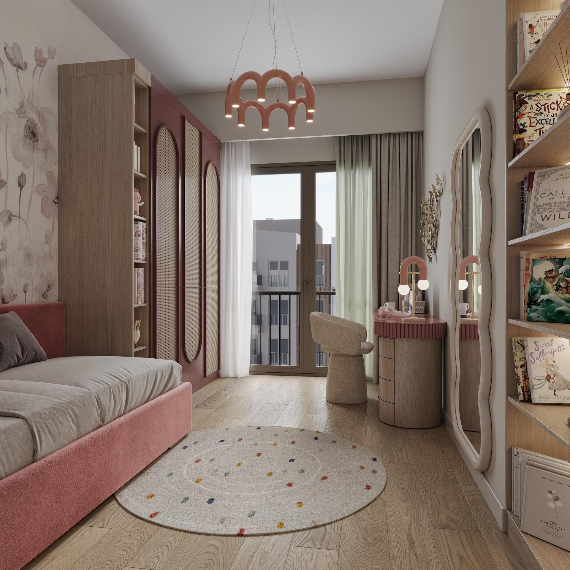 Children's bedroom with a daybed, dressing table, wardrobe and built-in bookshelves