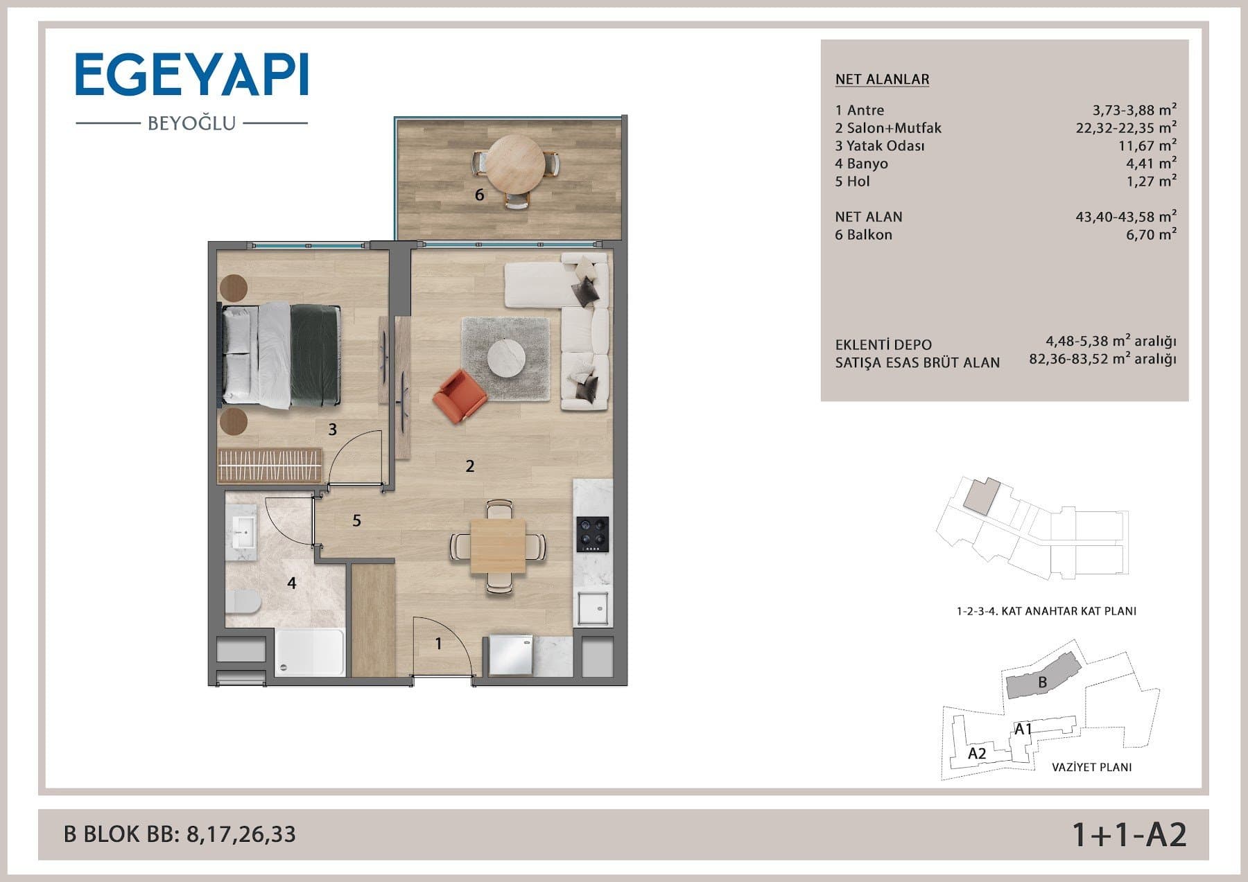 Ege Yapi Beyoglu Project – 1+1 Type A2 floor plan