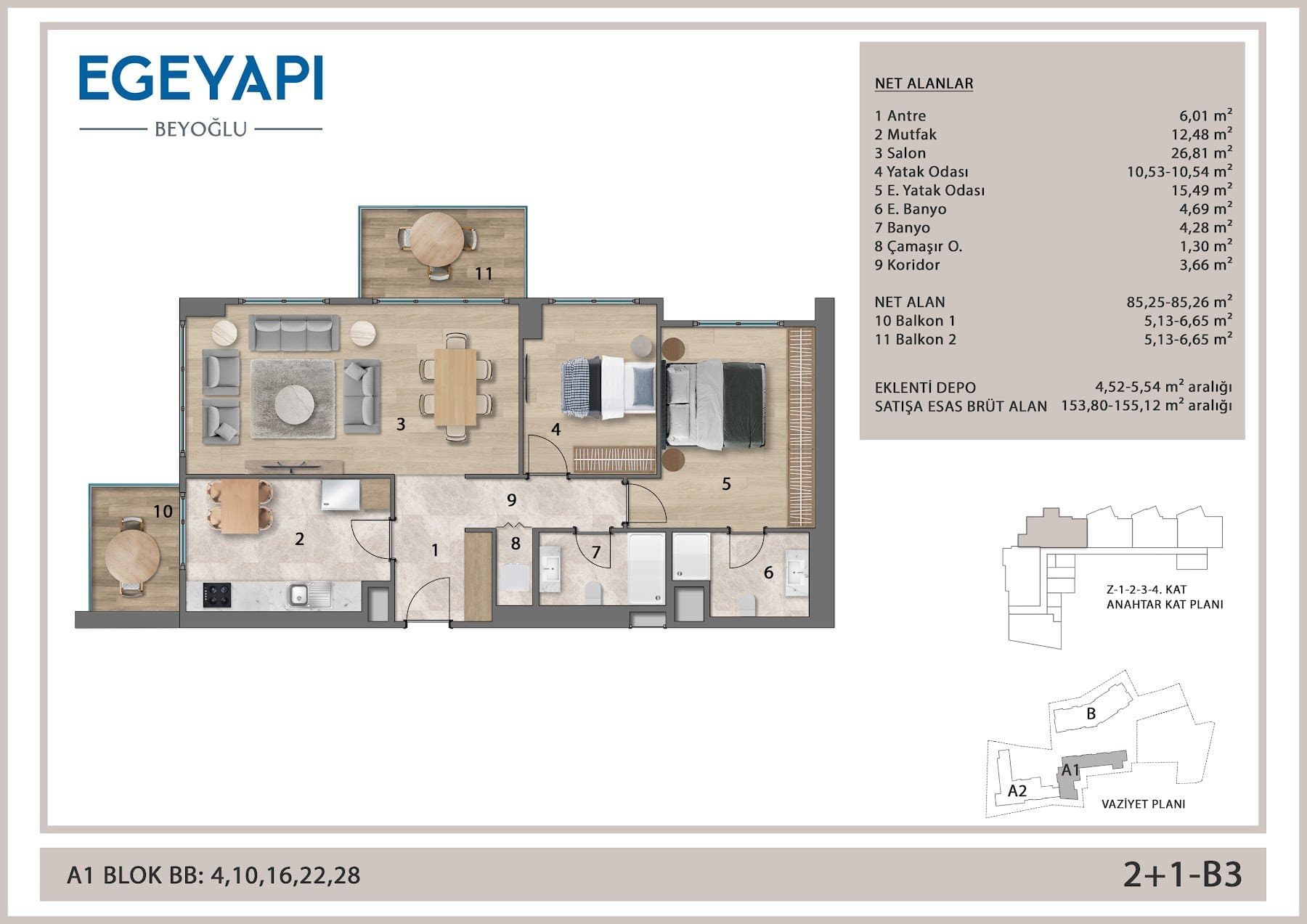 Ege Yapi Beyoglu Project – 2+1 Type B3 floor plan
