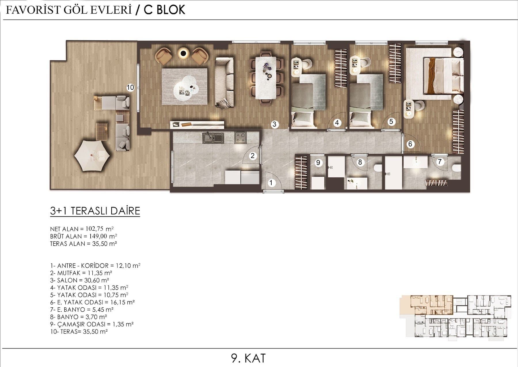 Проект Favorist Gol Evleri – планировка 3+1 with Terrace (9th Floor)