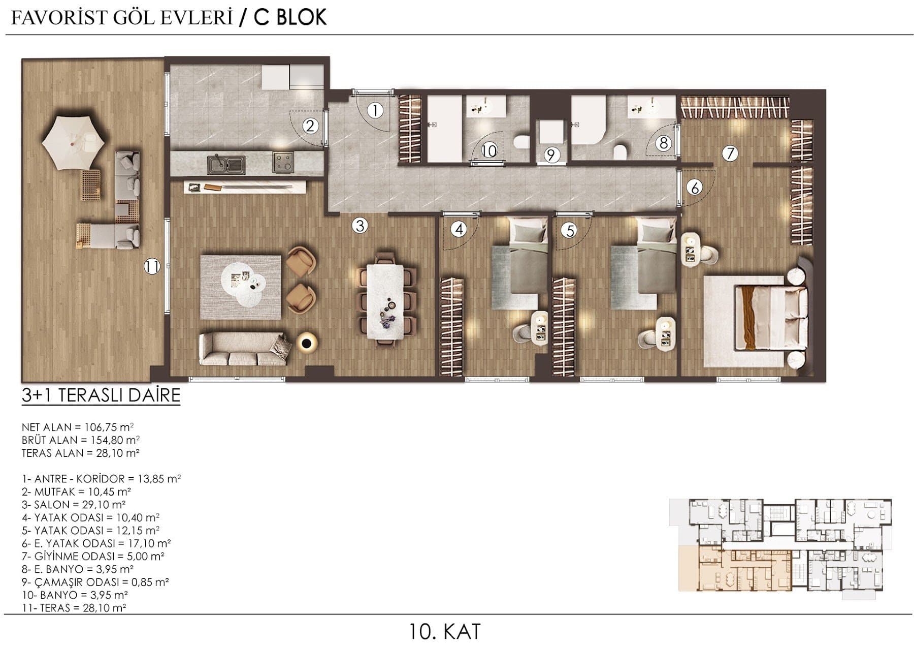 Проект Favorist Gol Evleri – планировка 3+1 with Terrace (10th Floor)