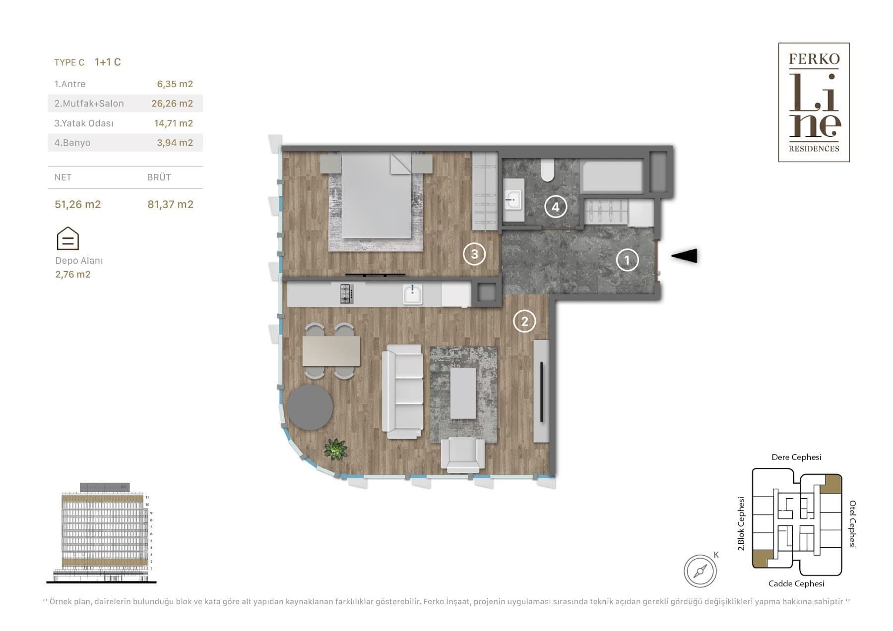 Проект Ferko Line Residences – планировка 1+1 Type C