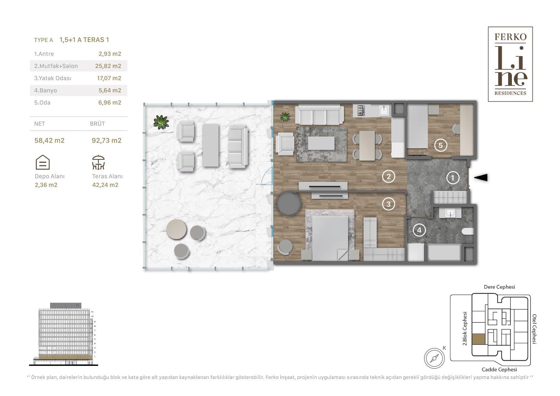 Проект Ferko Line Residences – планировка 1.5+1, First Floor with 42 sqm Terrace