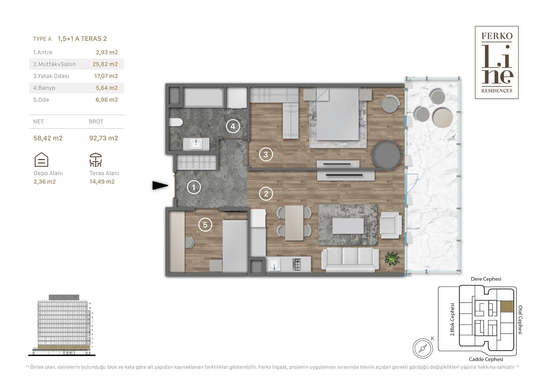 Проект Ferko Line Residences – планировка 1.5+1, First Floor with 14 sqm Terrace