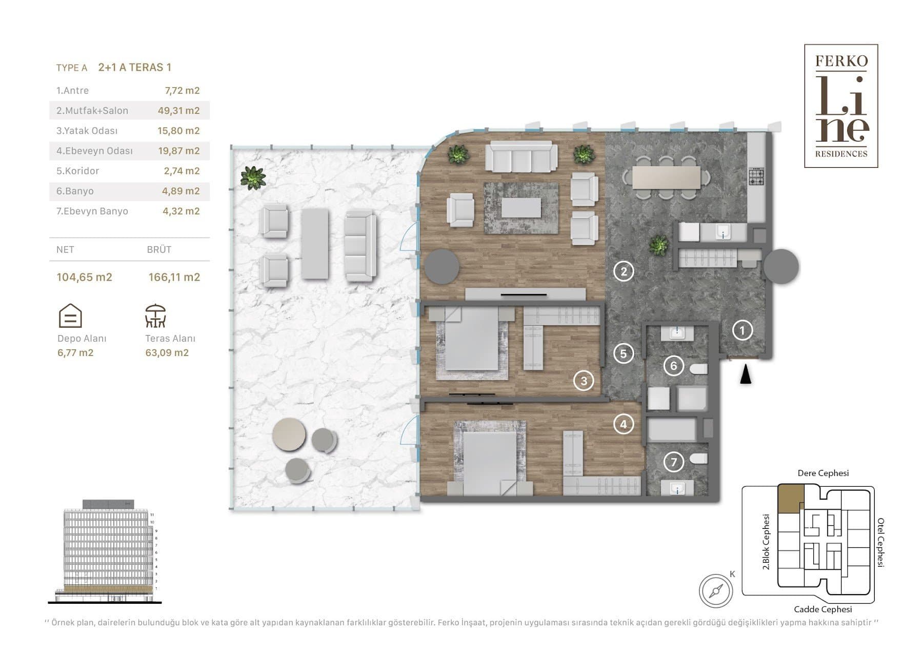 Проект Ferko Line Residences – планировка 2+1 Type A, First Floor with 63 sqm Terrace
