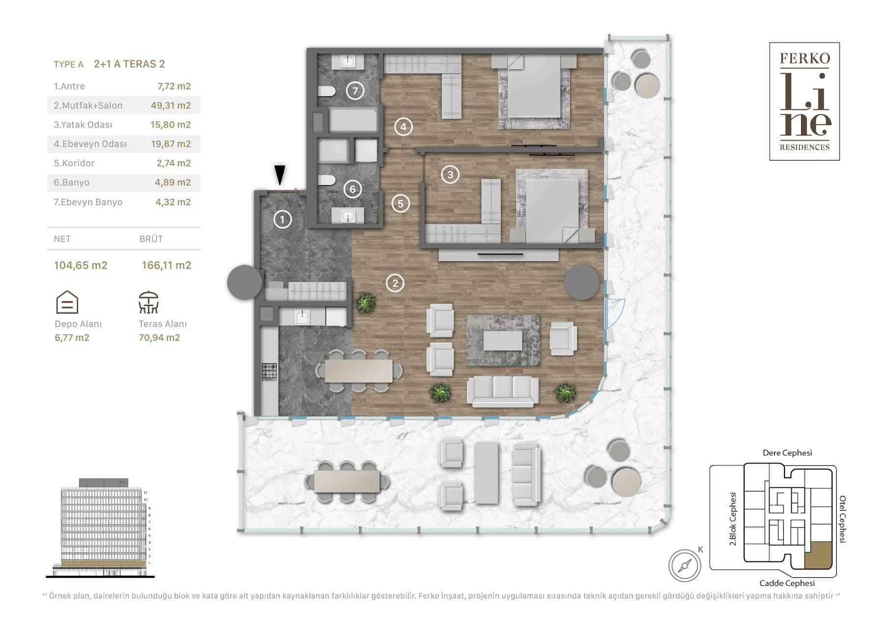 Проект Ferko Line Residences – планировка 2+1 Type A, First Floor with 71 sqm Terrace