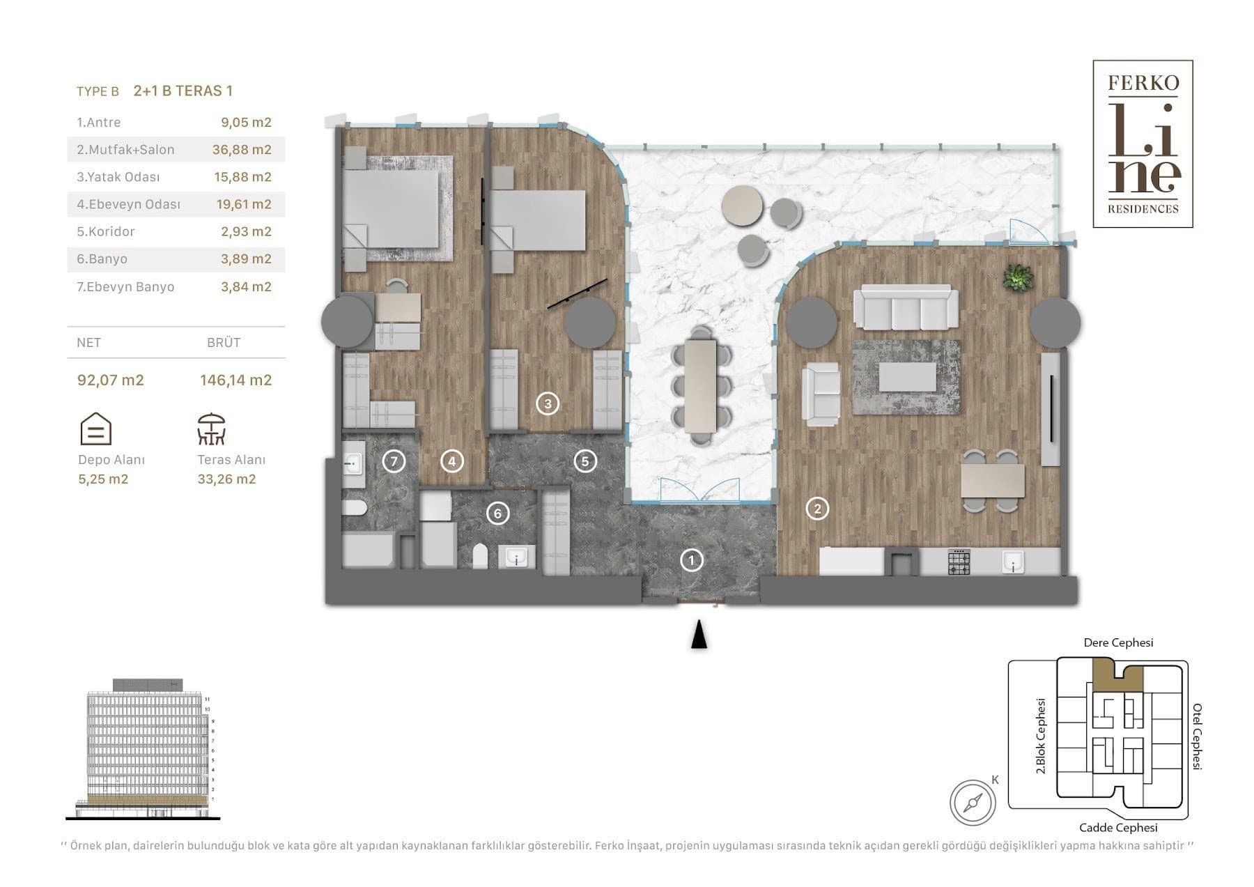 Проект Ferko Line Residences – планировка 2+1 Type B, First Floor with 33 sqm Terrace