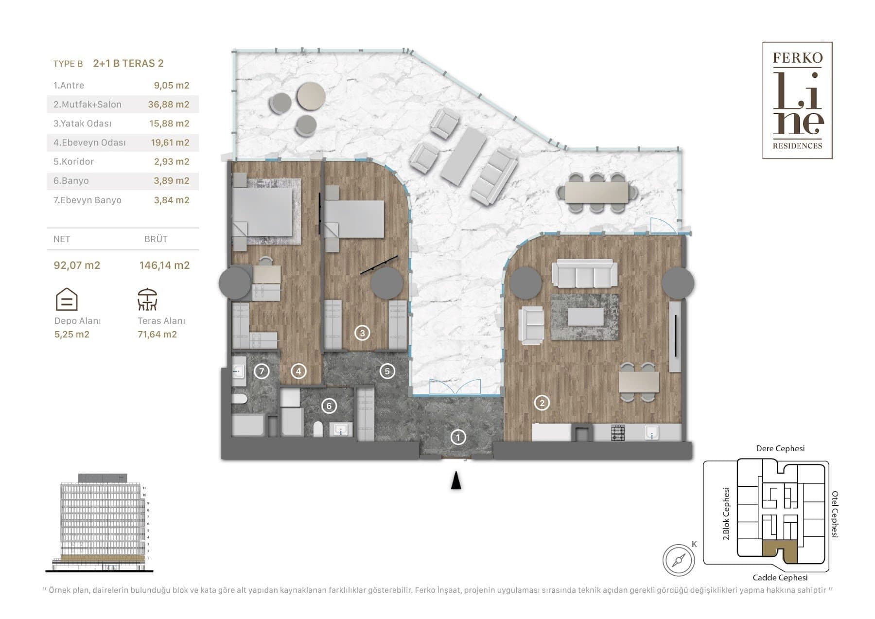 Проект Ferko Line Residences – планировка 2+1 Type B, First Floor with 72 sqm Terrace