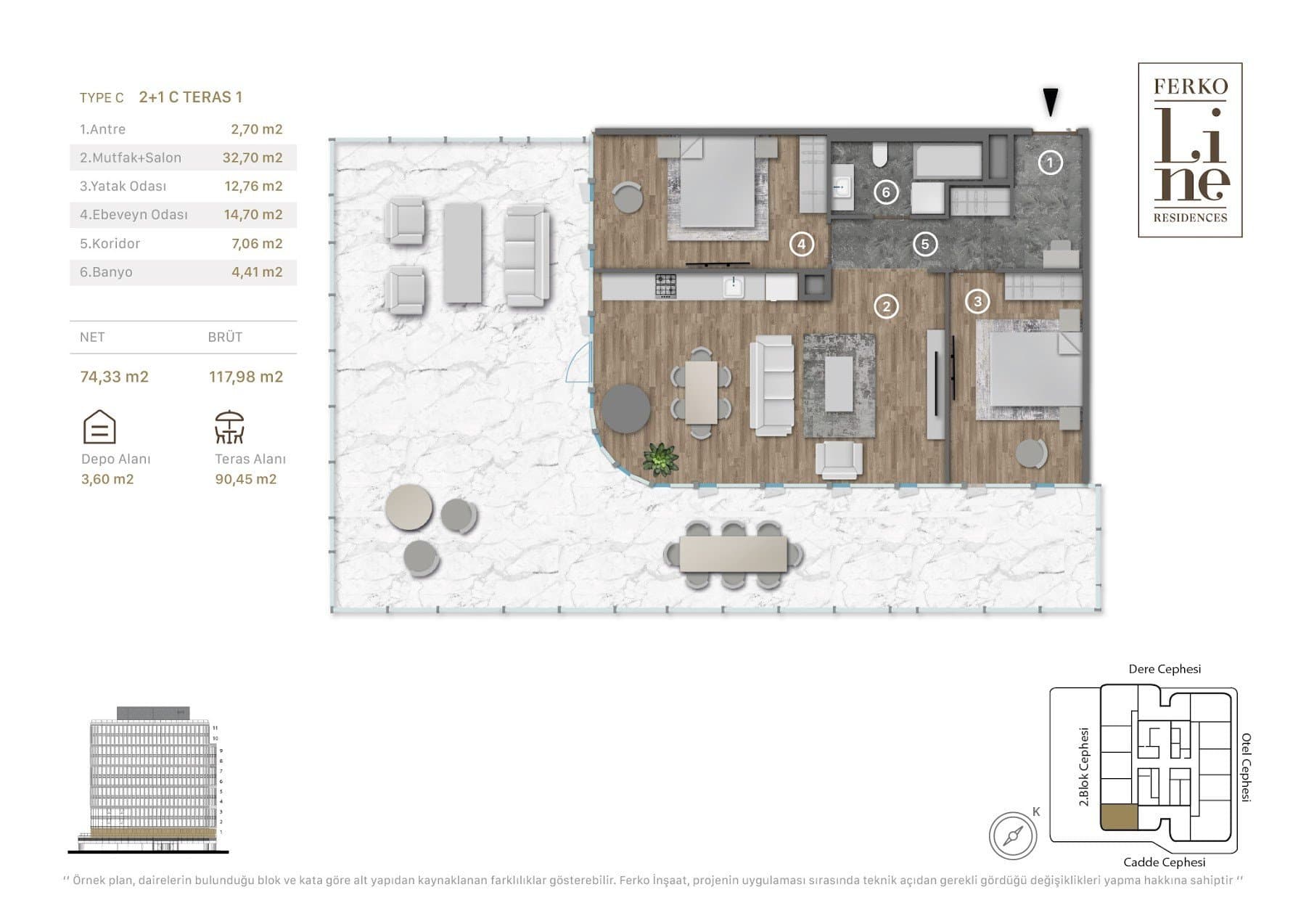 Проект Ferko Line Residences – планировка 2+1 Type C, First Floor with 90 sqm Terrace