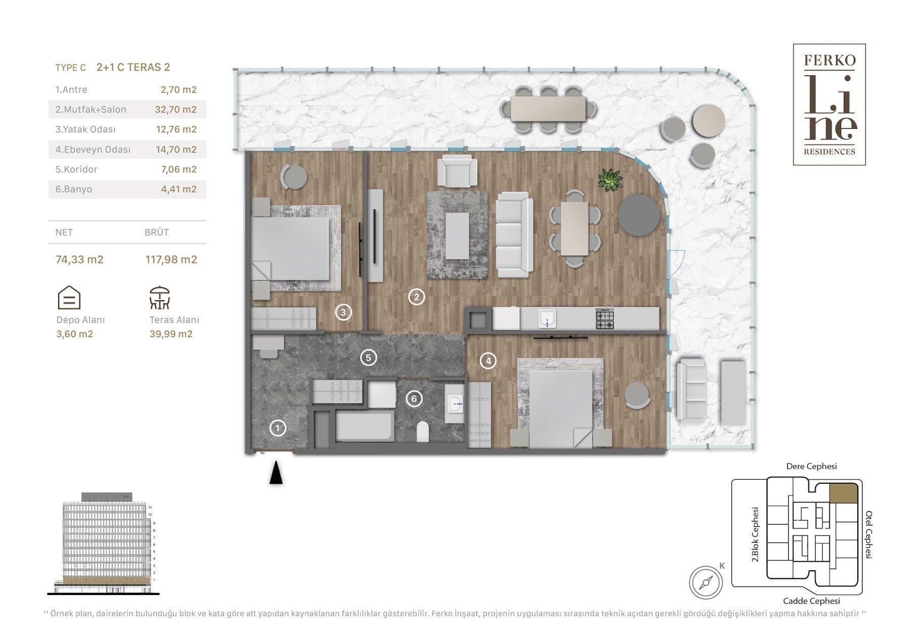 Проект Ferko Line Residences – планировка 2+1 Type C, First Floor with 40 sqm Terrace
