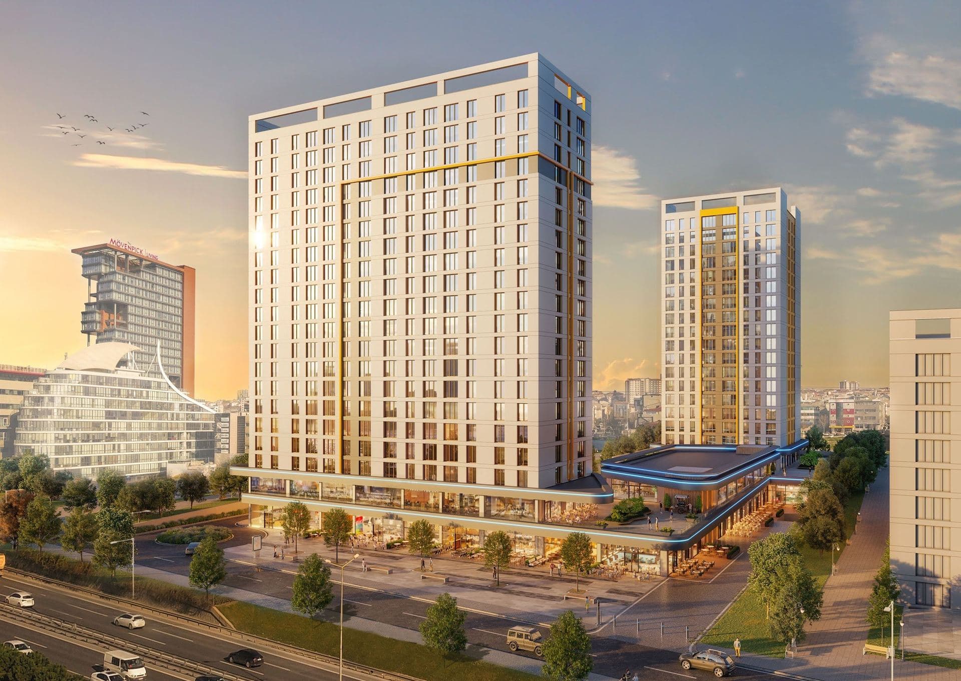 Rendering of the white main tower and the second tower behind it at sunset, with a curved podium of shops and restaurants beside the motorway