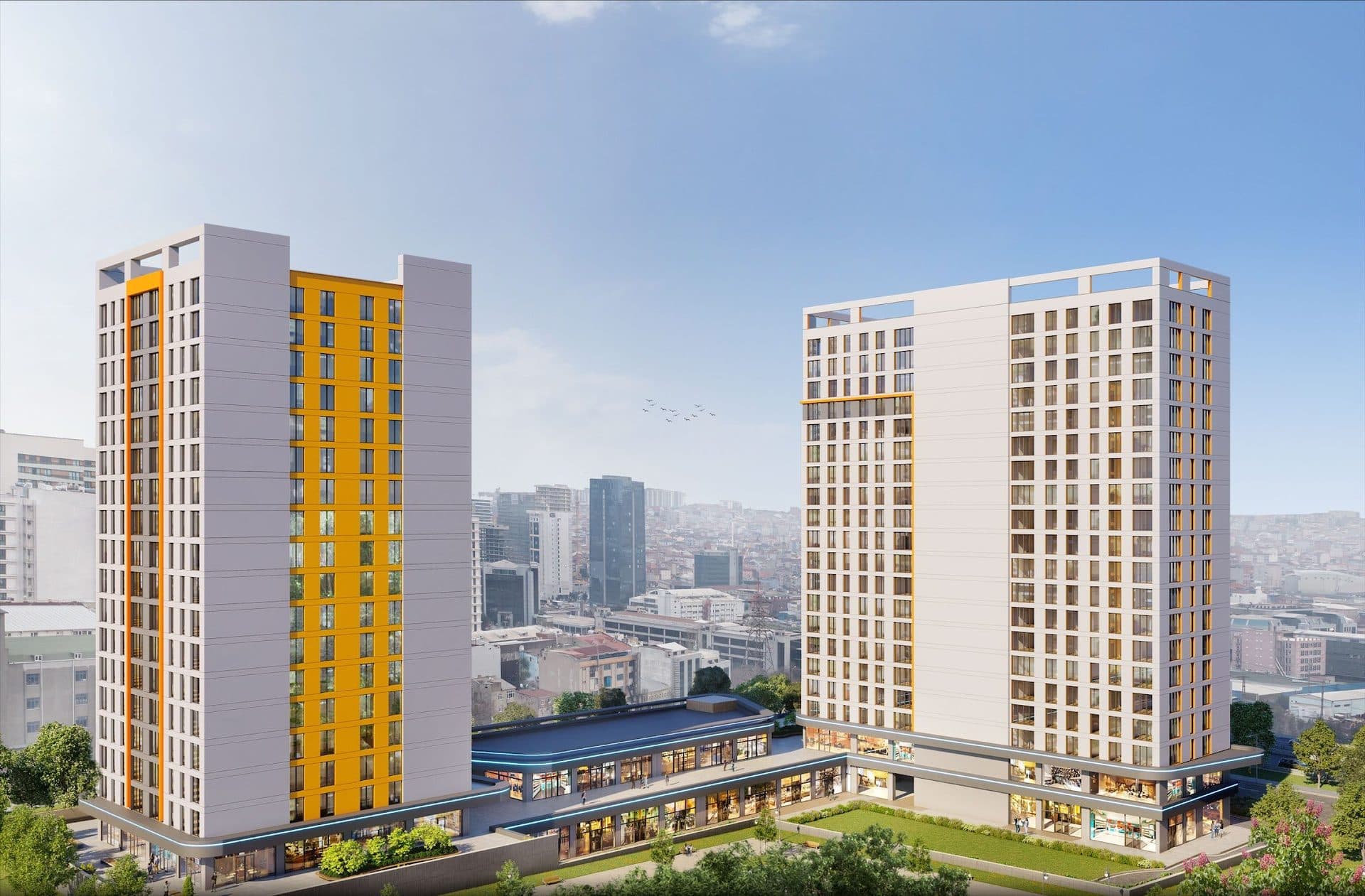 Rendering of the two towers with white and yellow facades, joined by a low podium of shops around a landscaped lawn