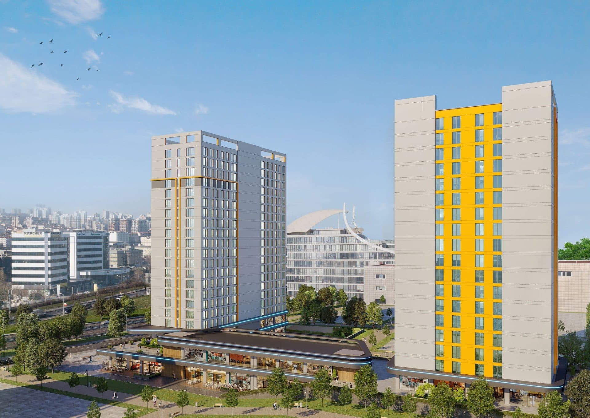 Rendering of the gray-and-white tower and the tower with a bright yellow facade, with the shopping podium between them and office buildings behind