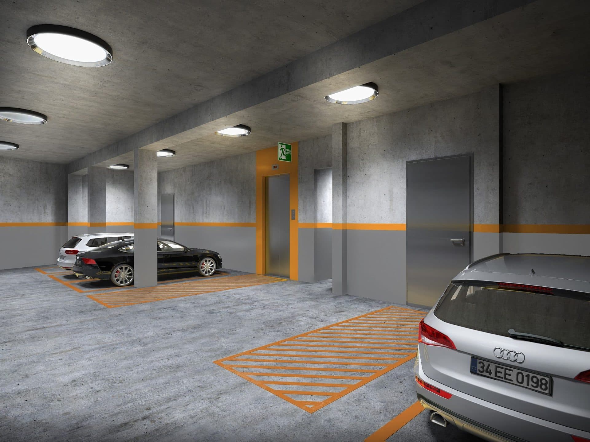 Rendering of the covered car park with marked parking bays and an elevator lobby