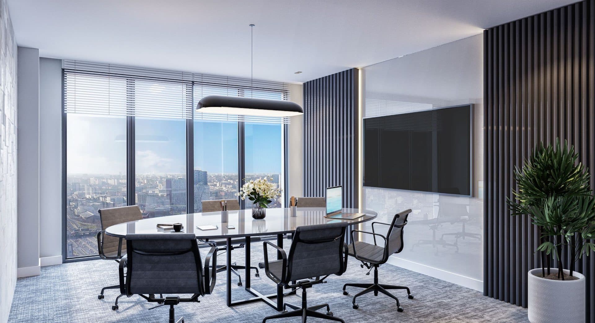 Rendering of a meeting room with an oval table, office chairs, a wall screen and floor-to-ceiling windows over the city