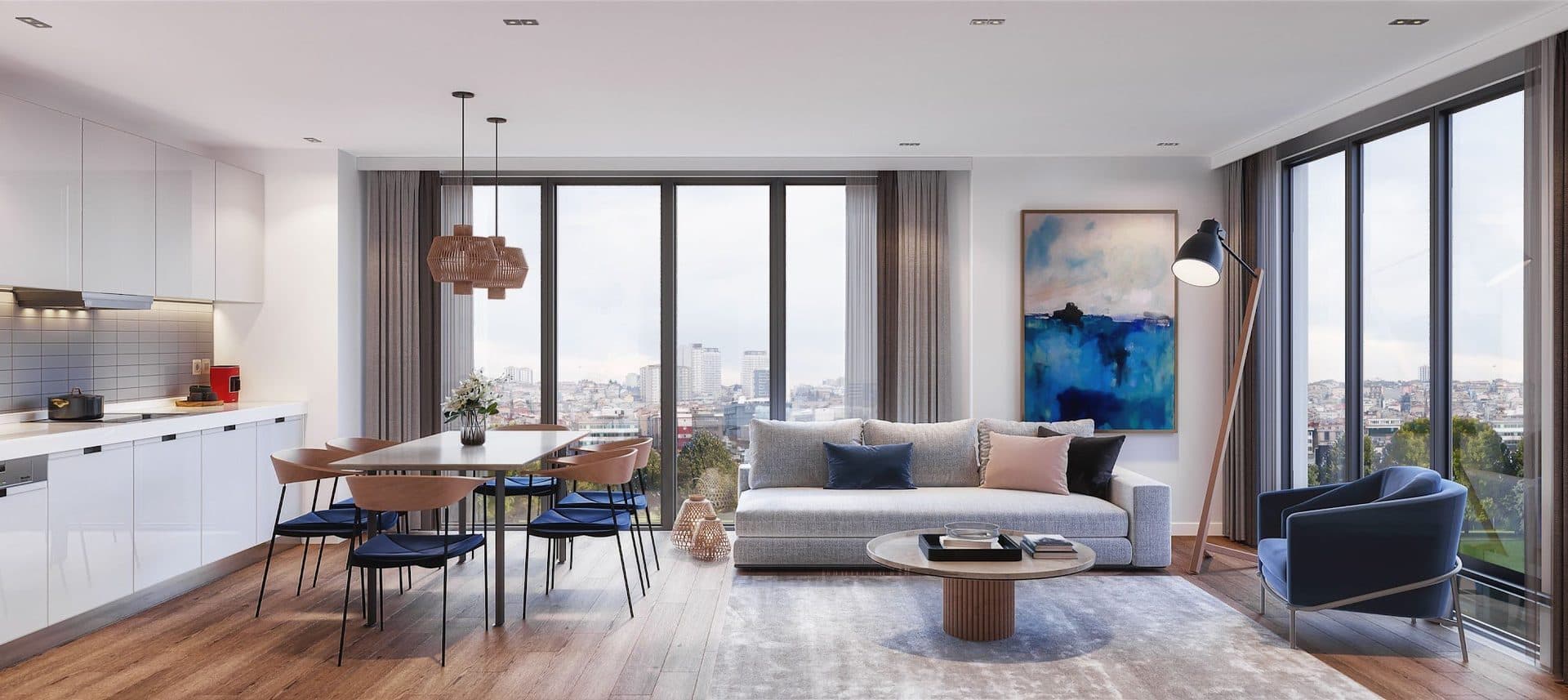 Rendering of an open-plan living room with a white kitchen, dining table and sofa beside full-height corner windows