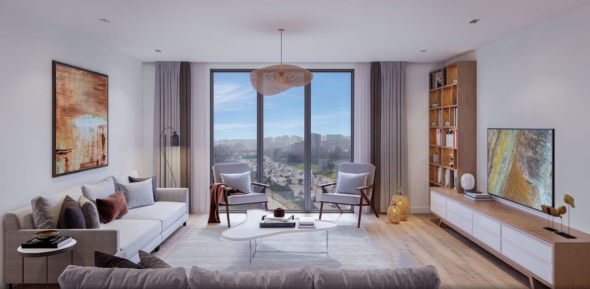 Rendering of a living room with a gray sofa, two armchairs, a TV unit and a tall window looking over the city