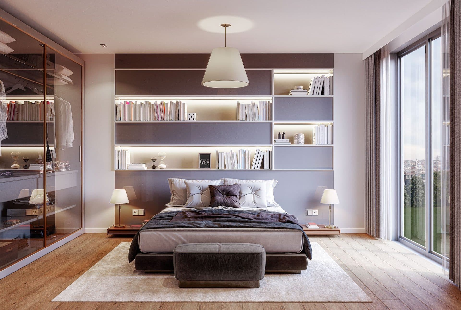 Rendering of a bedroom with a double bed, built-in shelves, a glass-fronted wardrobe and a floor-to-ceiling window