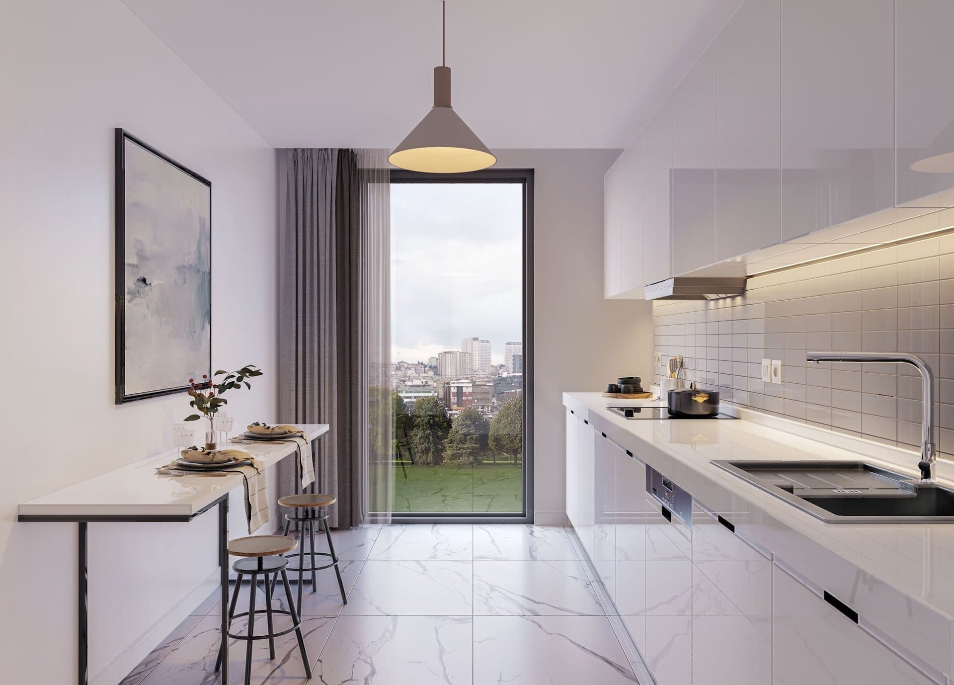 Rendering of a white galley kitchen with a breakfast bar and a full-height window