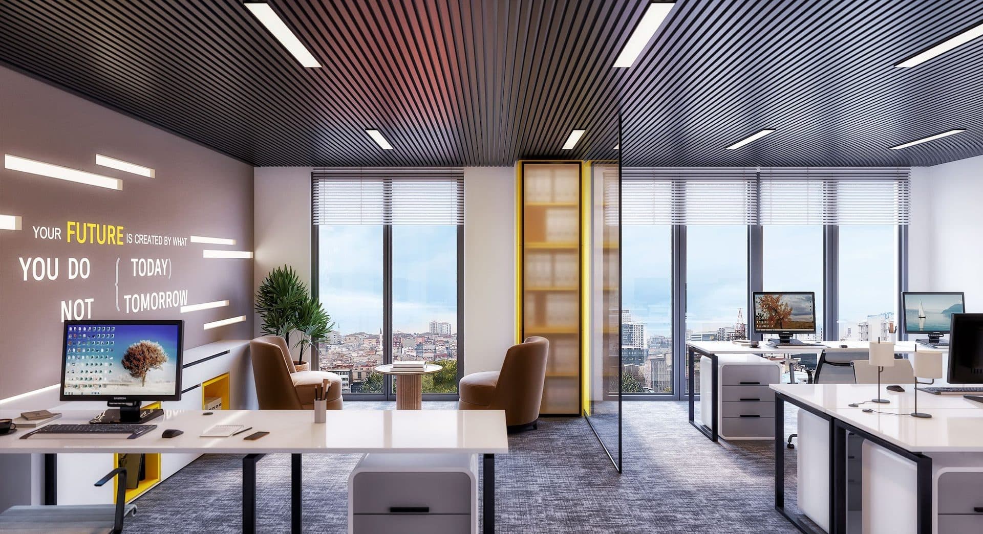 Rendering of an apartment furnished as a home office, with desks, a seating corner and large windows