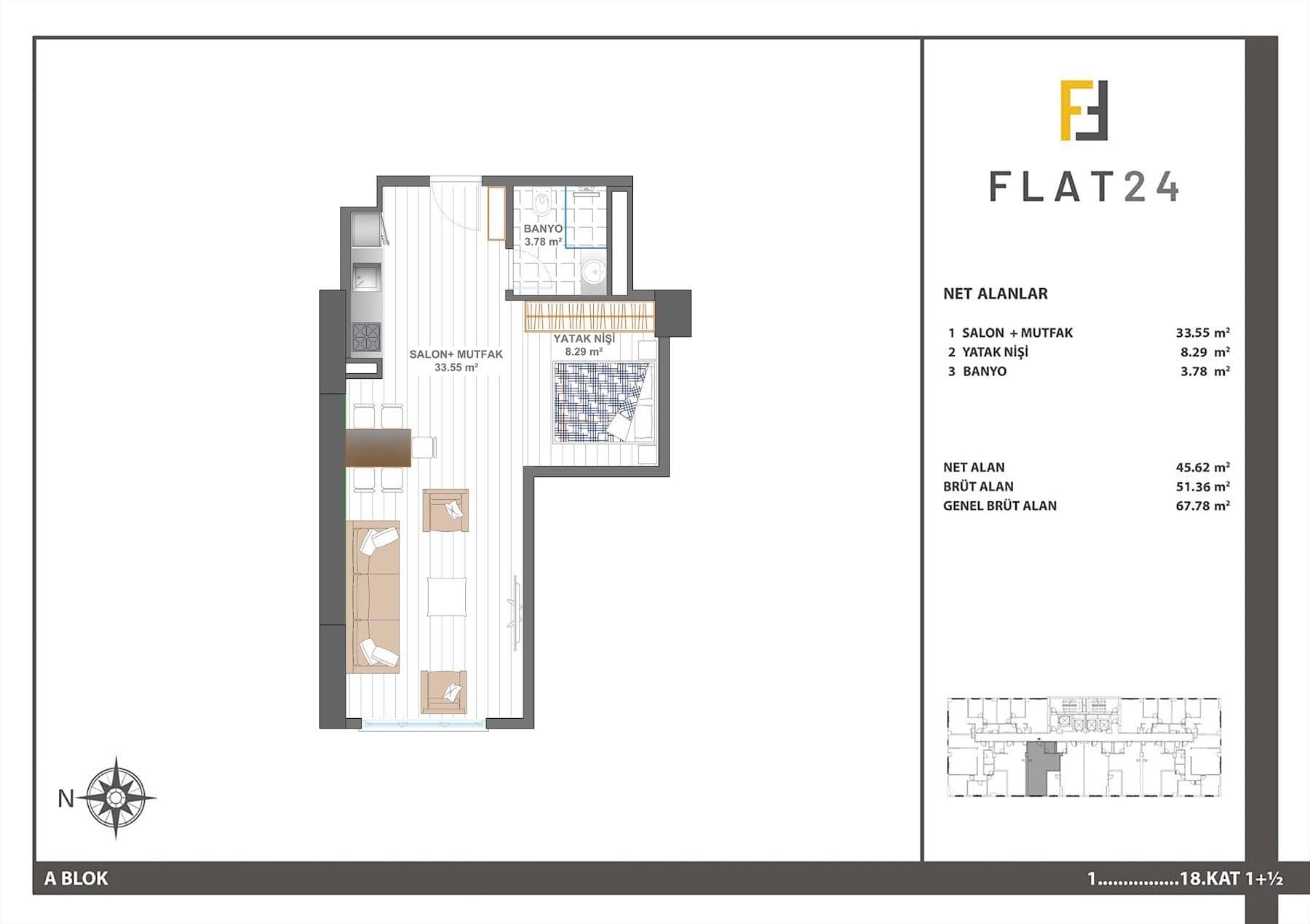 Flat 24 Project – 1+0 Studio with sleeping niche Type A (Block A) floor plan