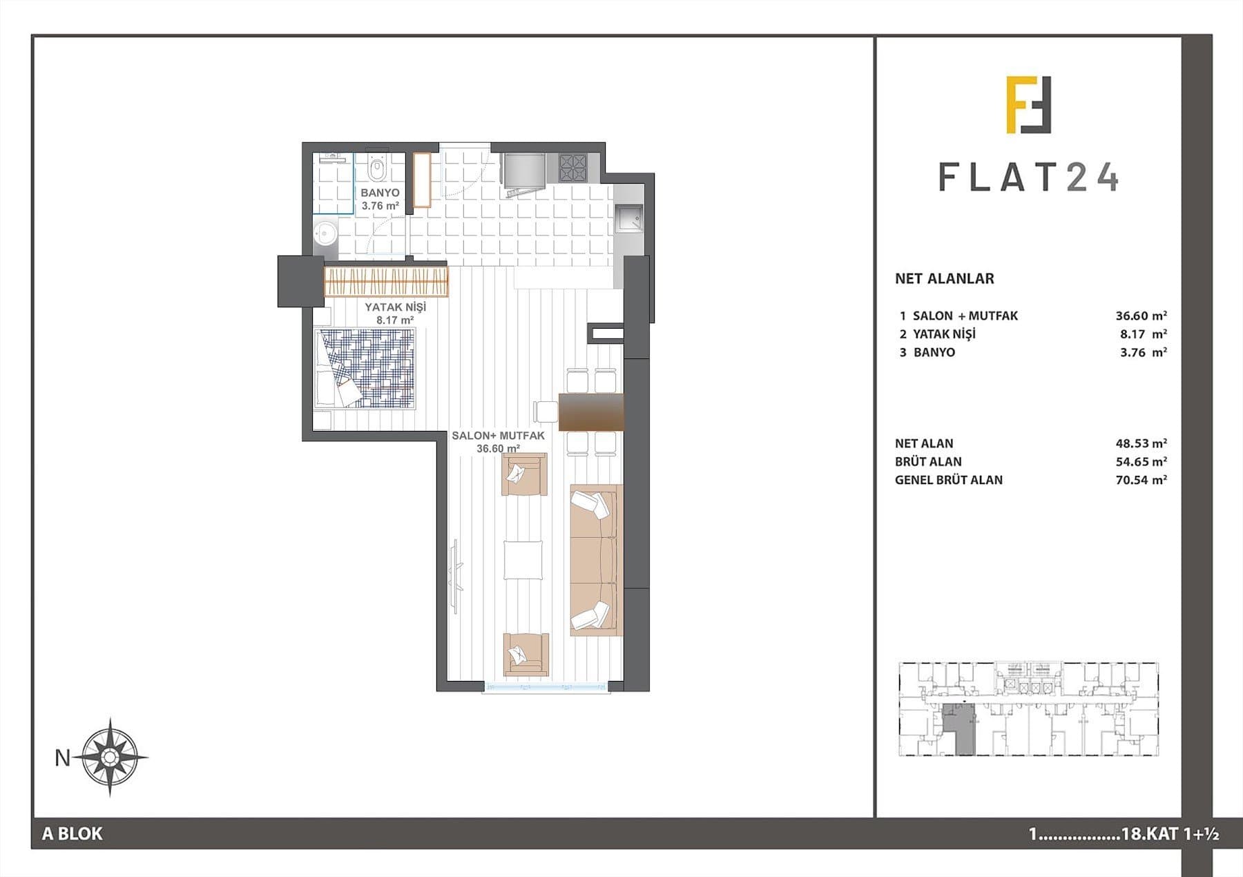 Flat 24 Project – 1+0 Studio with sleeping niche Type B (Block A) floor plan