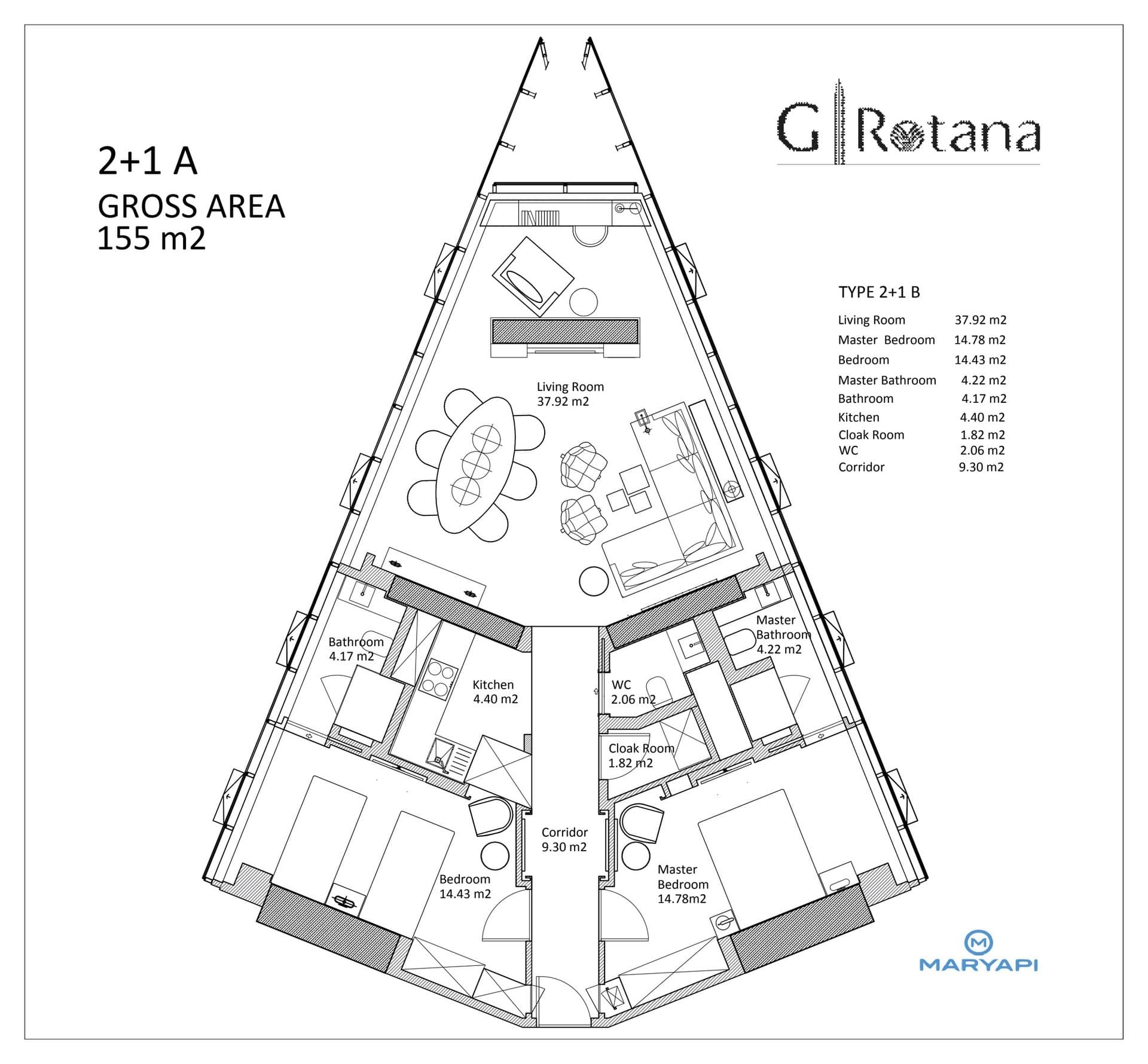 پروژه G Rotana – پلان 2+1 Type A