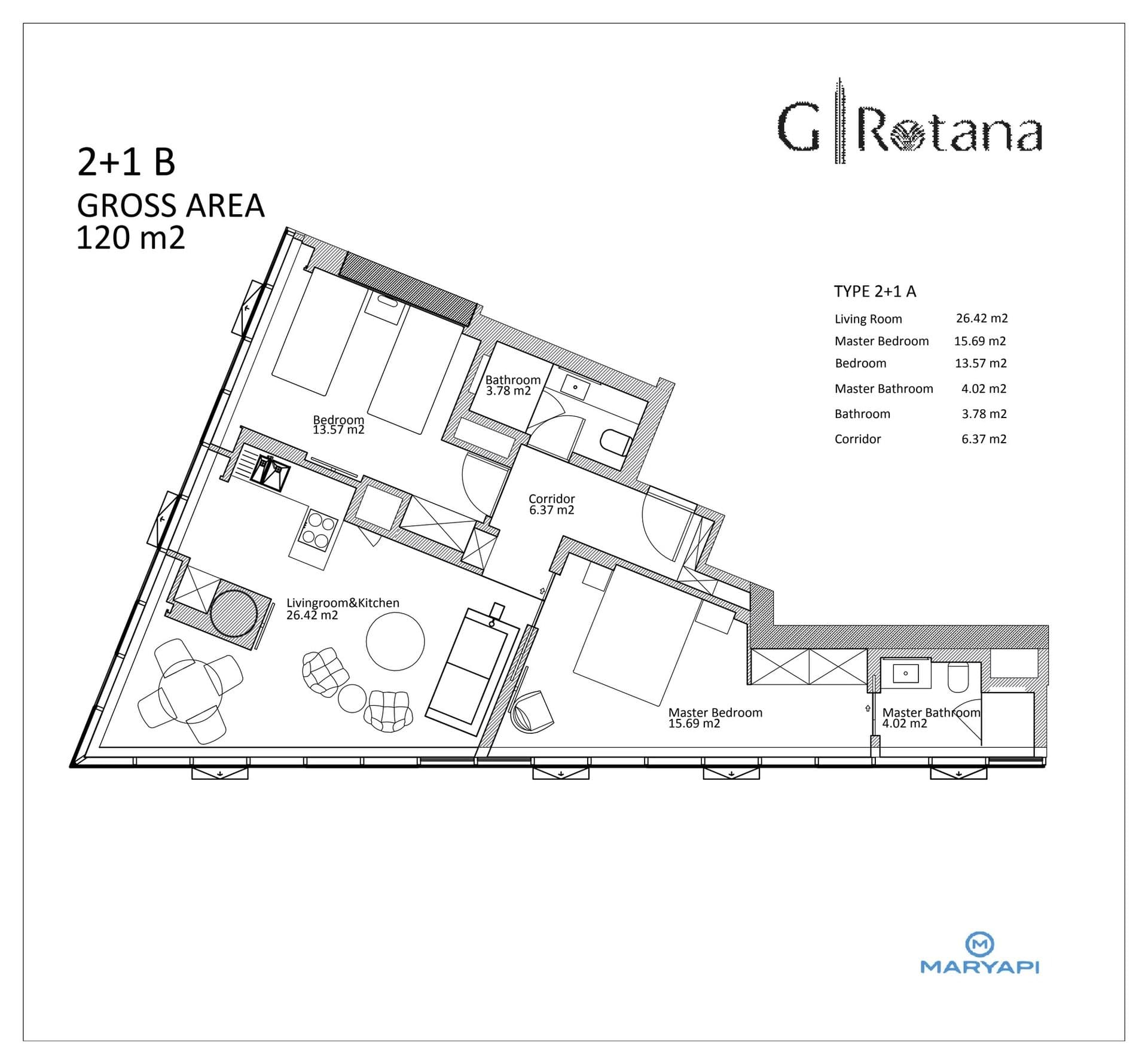 پروژه G Rotana – پلان 2+1 Type B