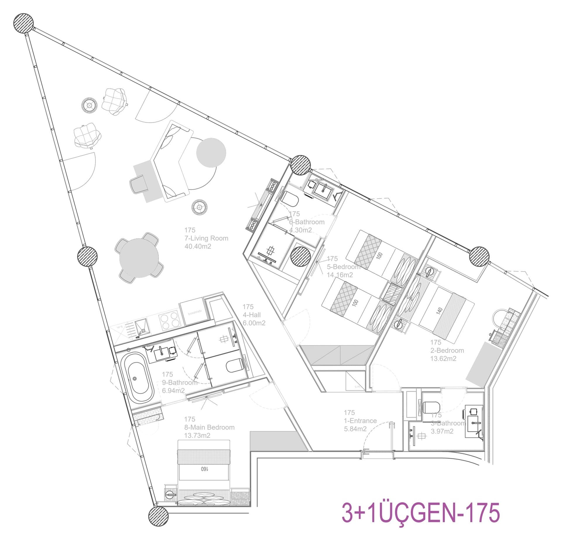 پروژه G Rotana – پلان 3+1 VIP Triangle Type 175
