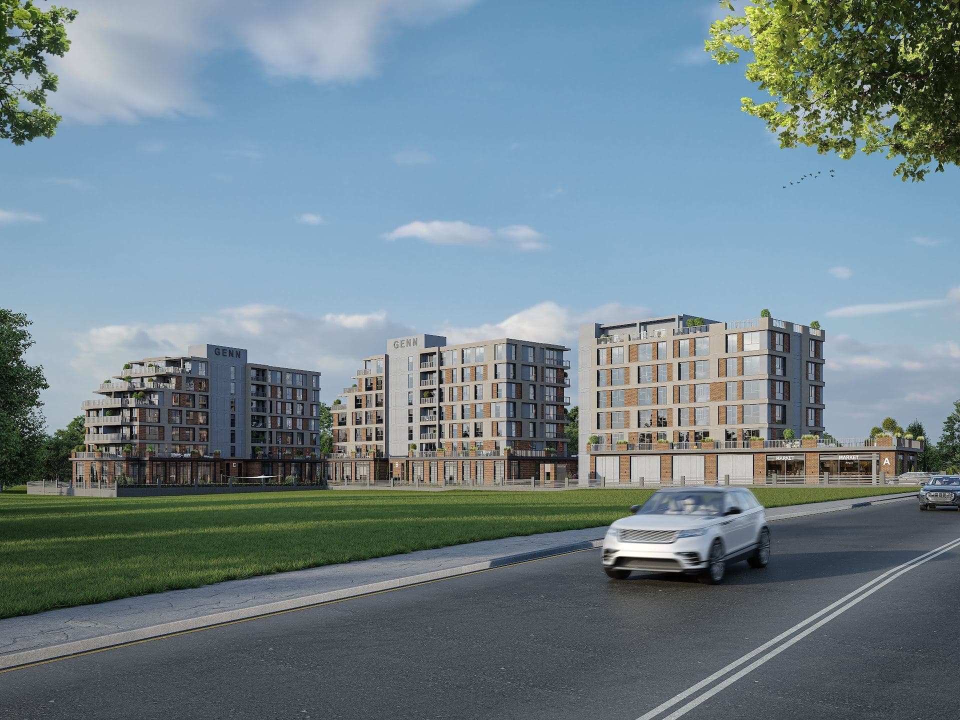 Rendering of the three blocks seen from the street, with shop fronts on the ground floor of the block nearest the road