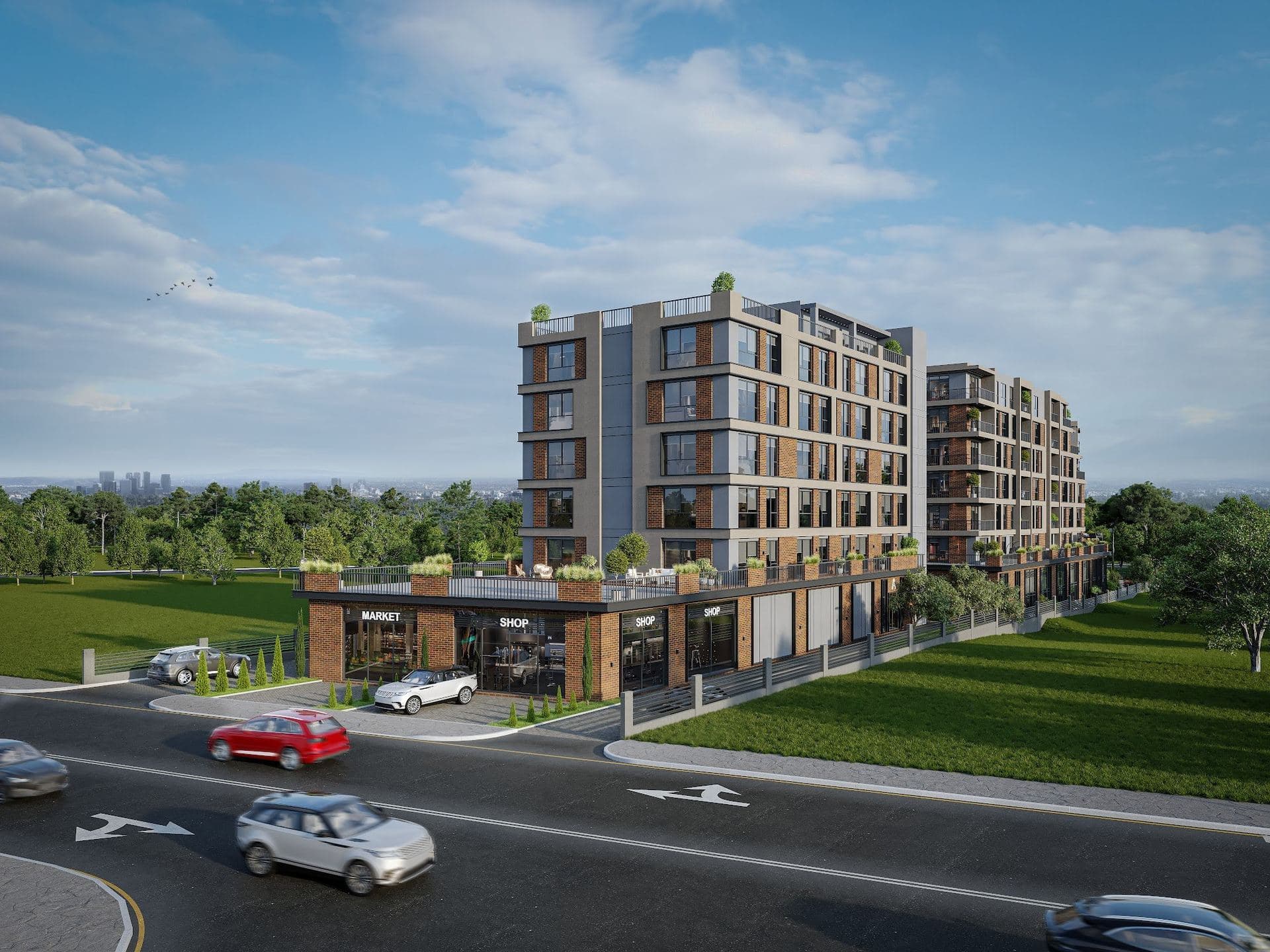 Rendering of the street-corner block with a market and shops on the ground floor and a planted terrace above them