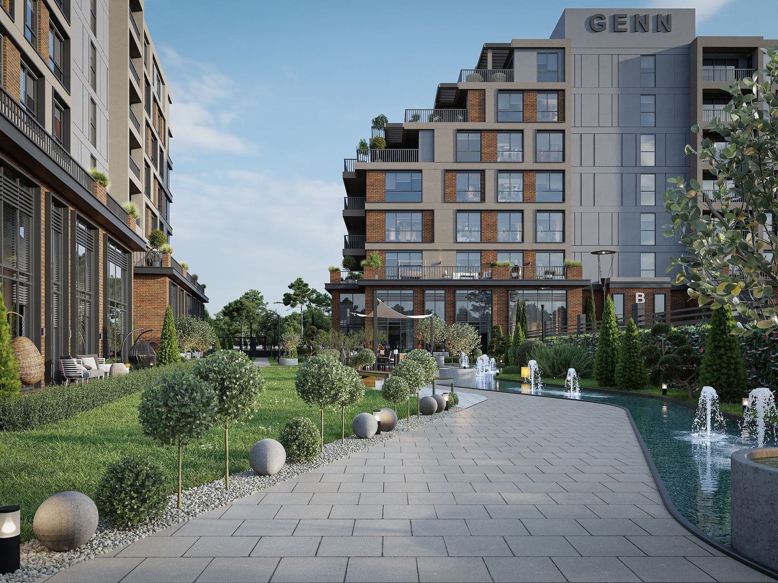 Rendering of the courtyard between the blocks, with a paved path, clipped trees, stone spheres and a water channel with fountains