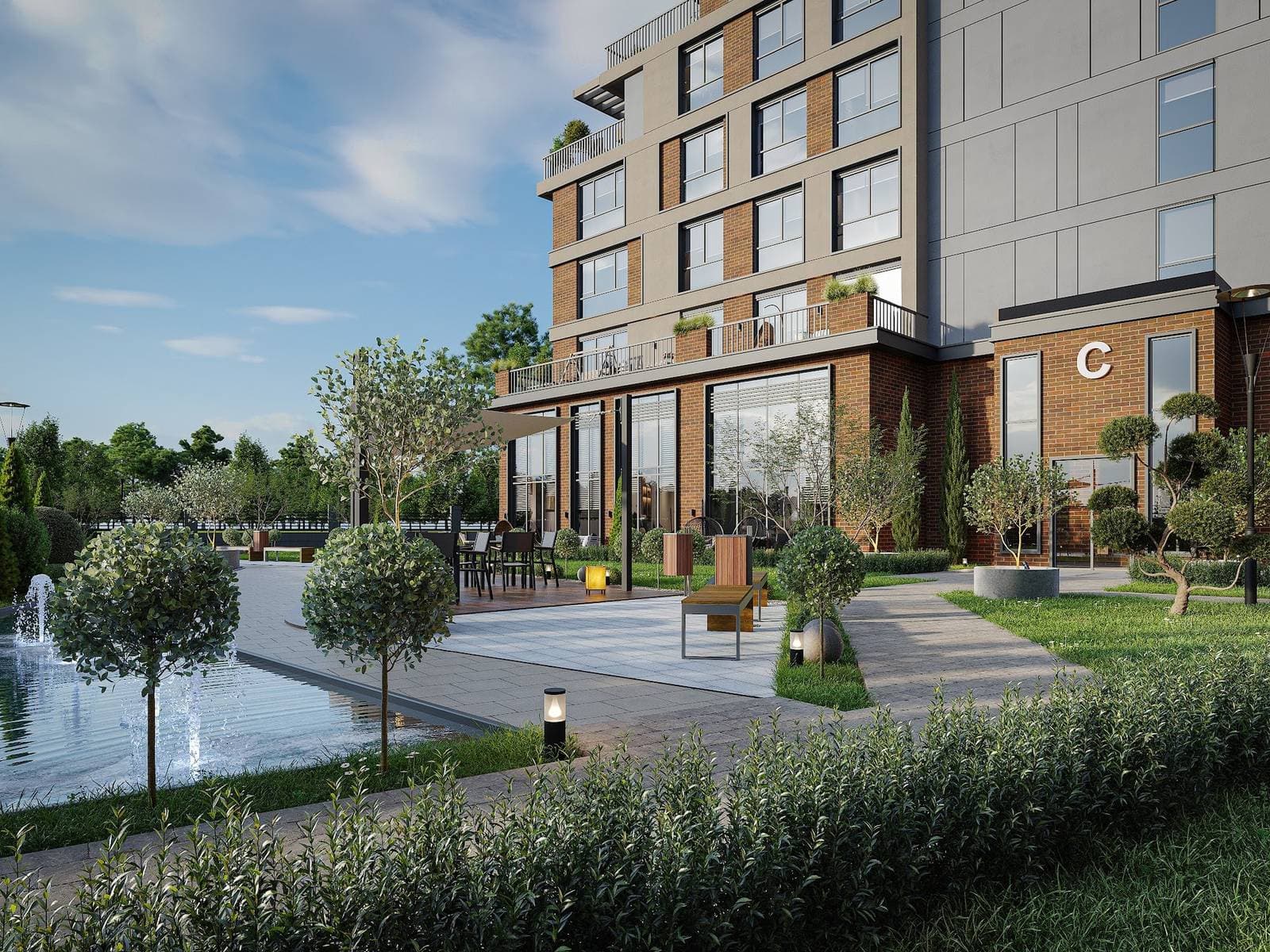 Rendering of a block entrance beside a fountain pool, with benches, outdoor tables and planted beds in the courtyard