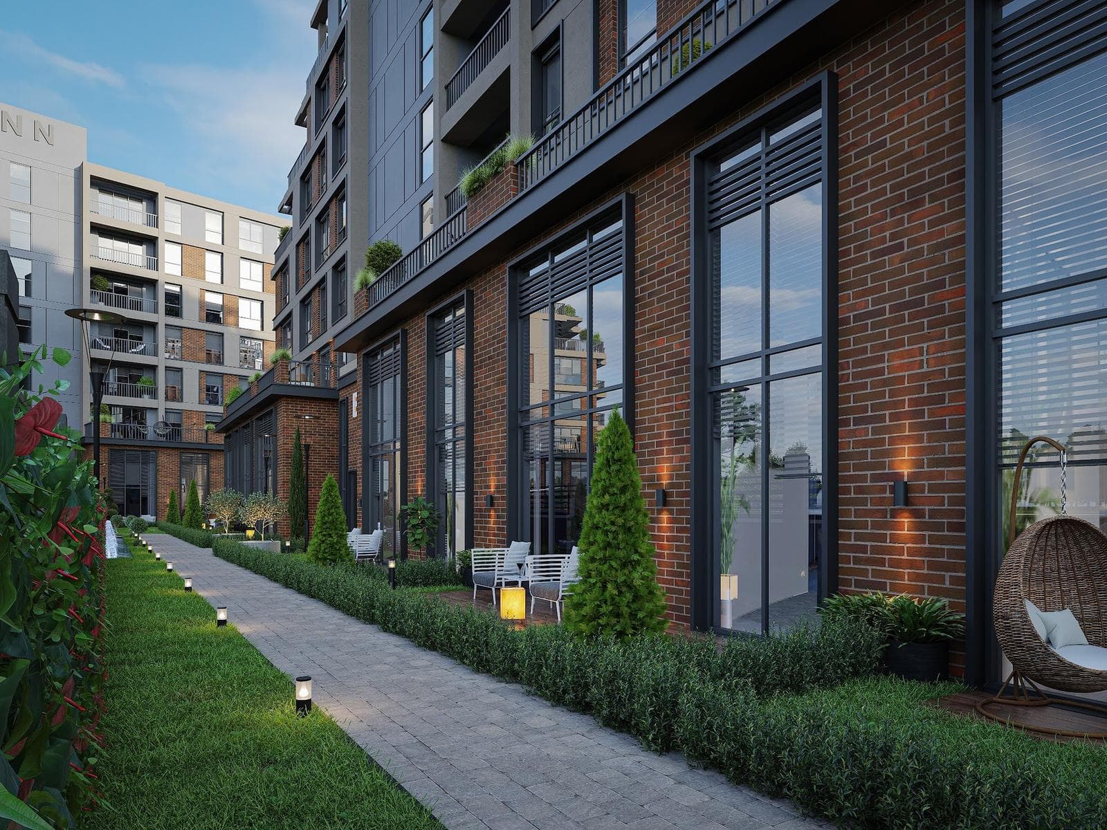 Rendering of a garden path lined with lamps and hedges in front of tall windows and private garden terraces at ground level