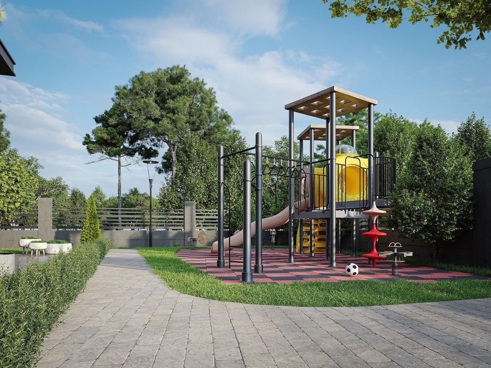 Rendering of a children's playground with a slide and climbing frame on a rubber surface beside a paved path