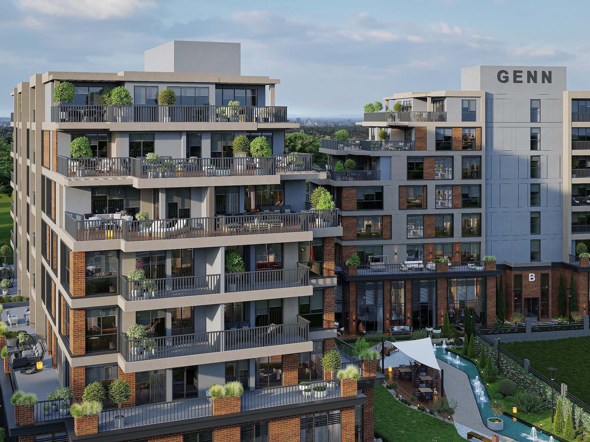 Rendering of stepped upper-floor terraces with planters and outdoor furniture, overlooking the courtyard with a shade sail and fountains