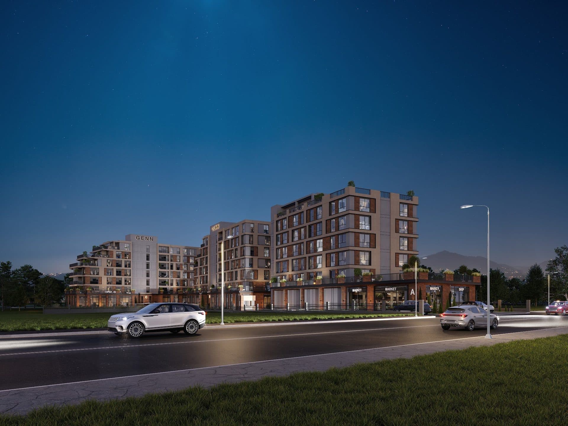 Night rendering of the three blocks from the street, with lit windows and illuminated shop fronts