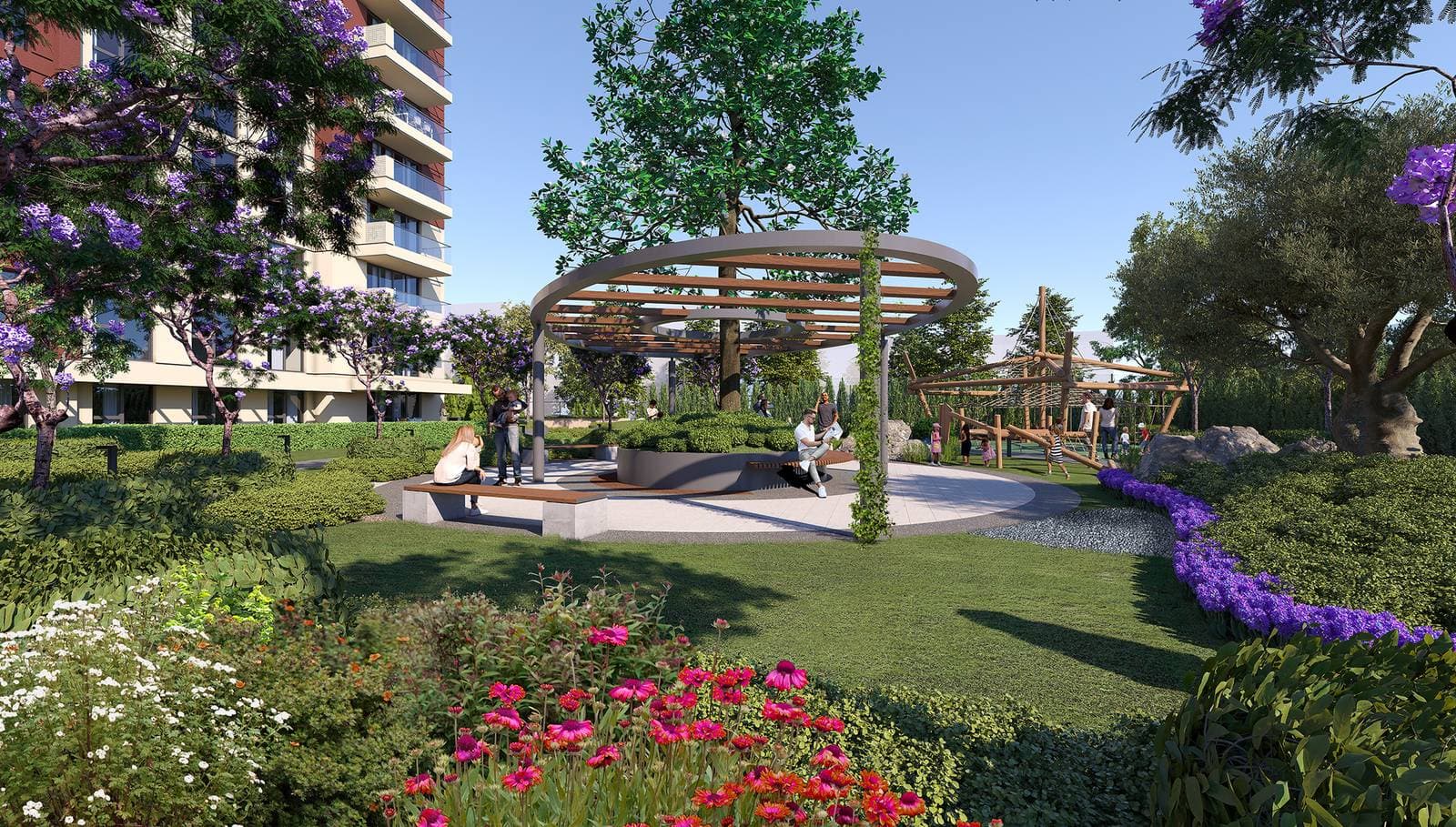 Garden seating area under a pergola