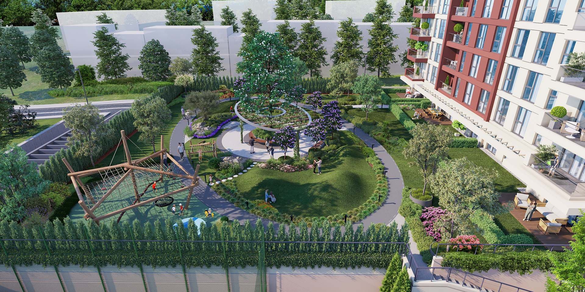 Garden and children's playground seen from above