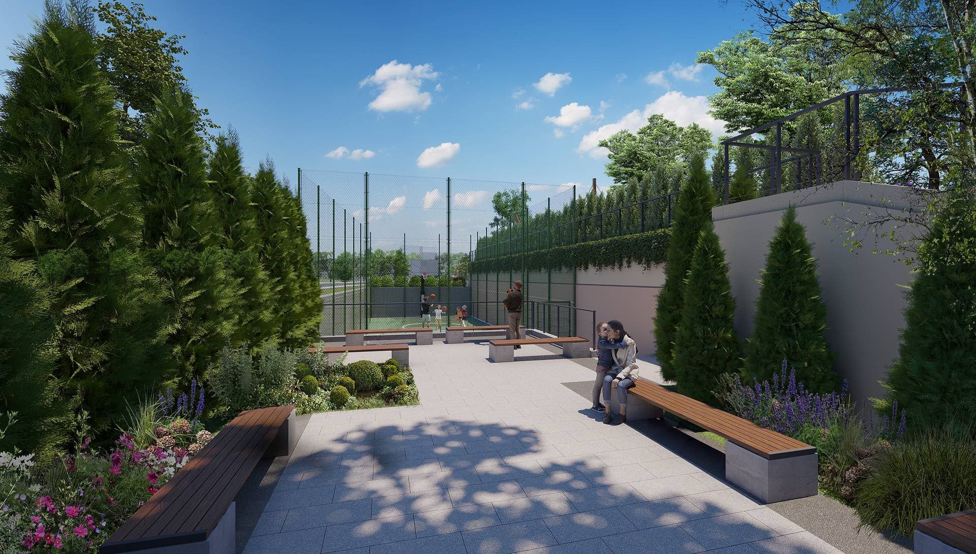 Outdoor sports court with benches and planting