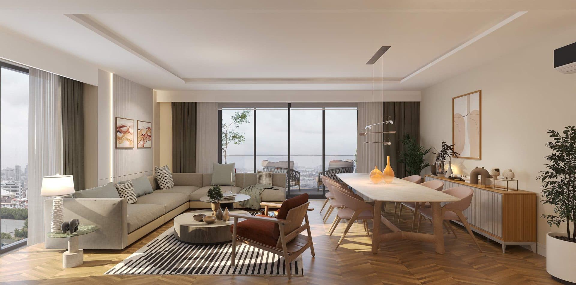Living and dining room with a large window