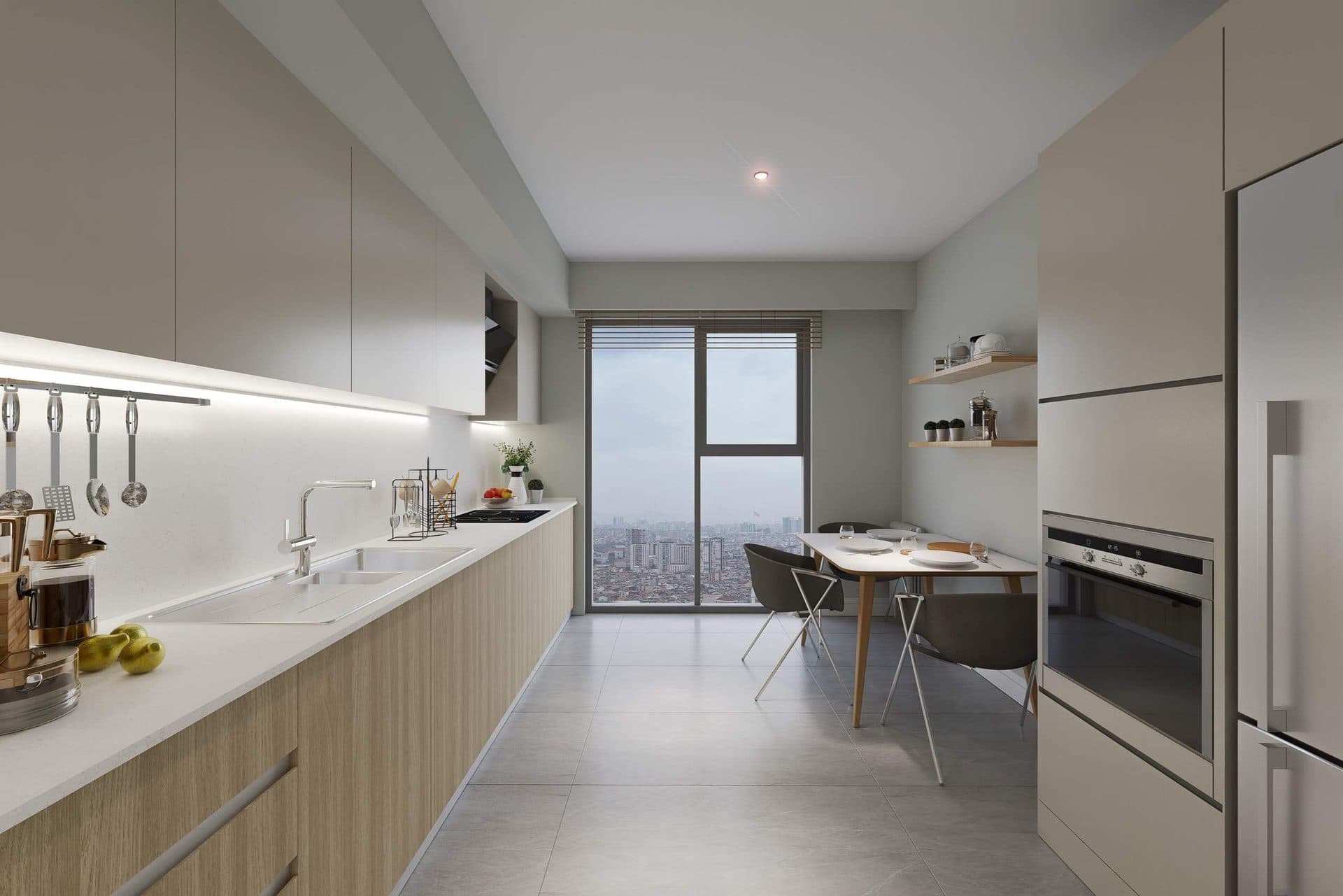 Kitchen with built-in appliances and a dining table by the window