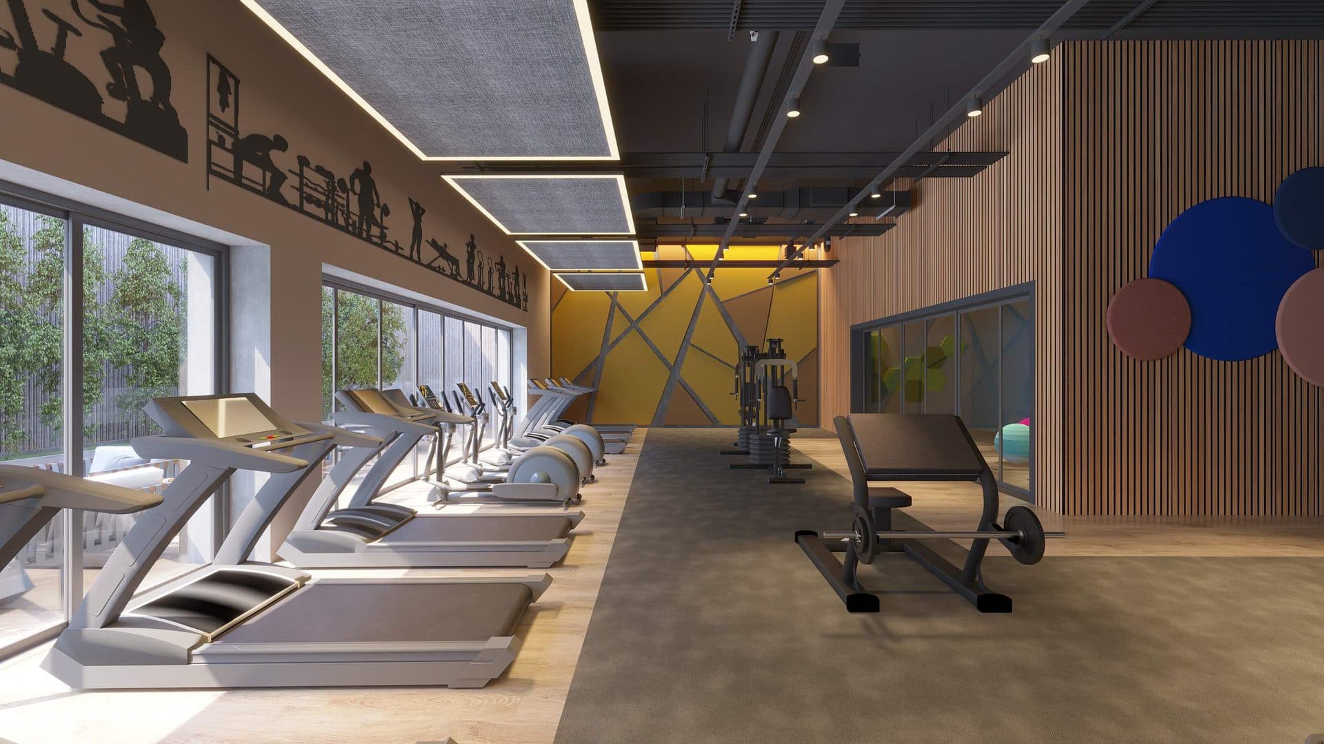 Fitness center with treadmills and weights