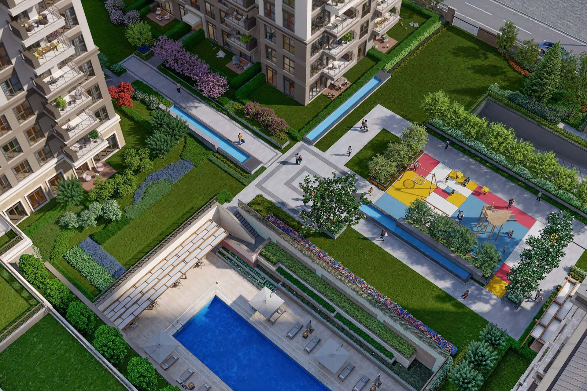 Aerial view of the gardens, pool and children's playground at Hayat Flora