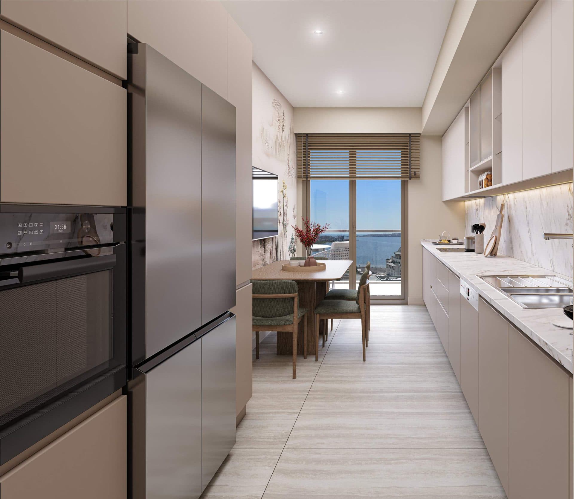 Kitchen with a dining table and a balcony door